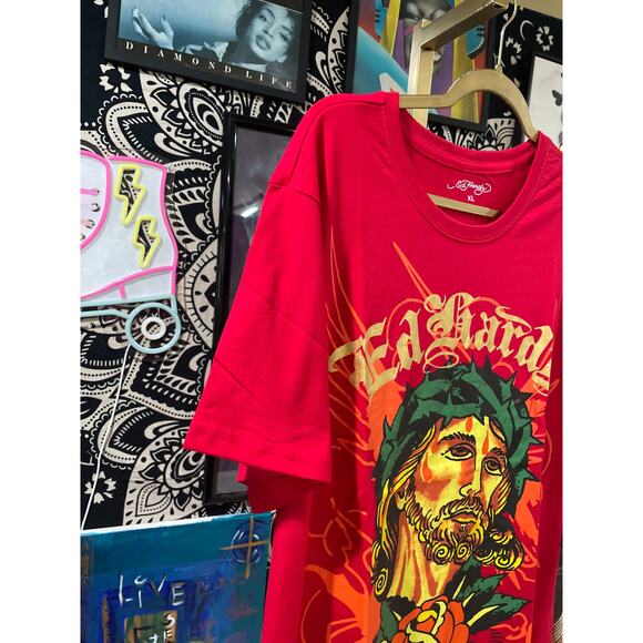 NWT Ed Hardy Rose Faith Deadstock Y2K Jesus Streetwear Tee Red XL - Picture 3 of 7